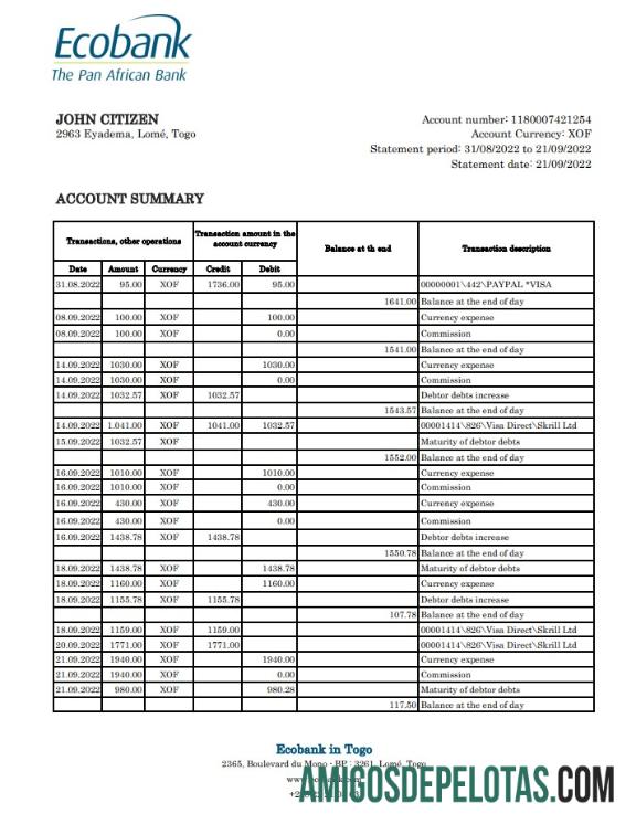 Extrato bancário Togo Ecobank Xls modelo